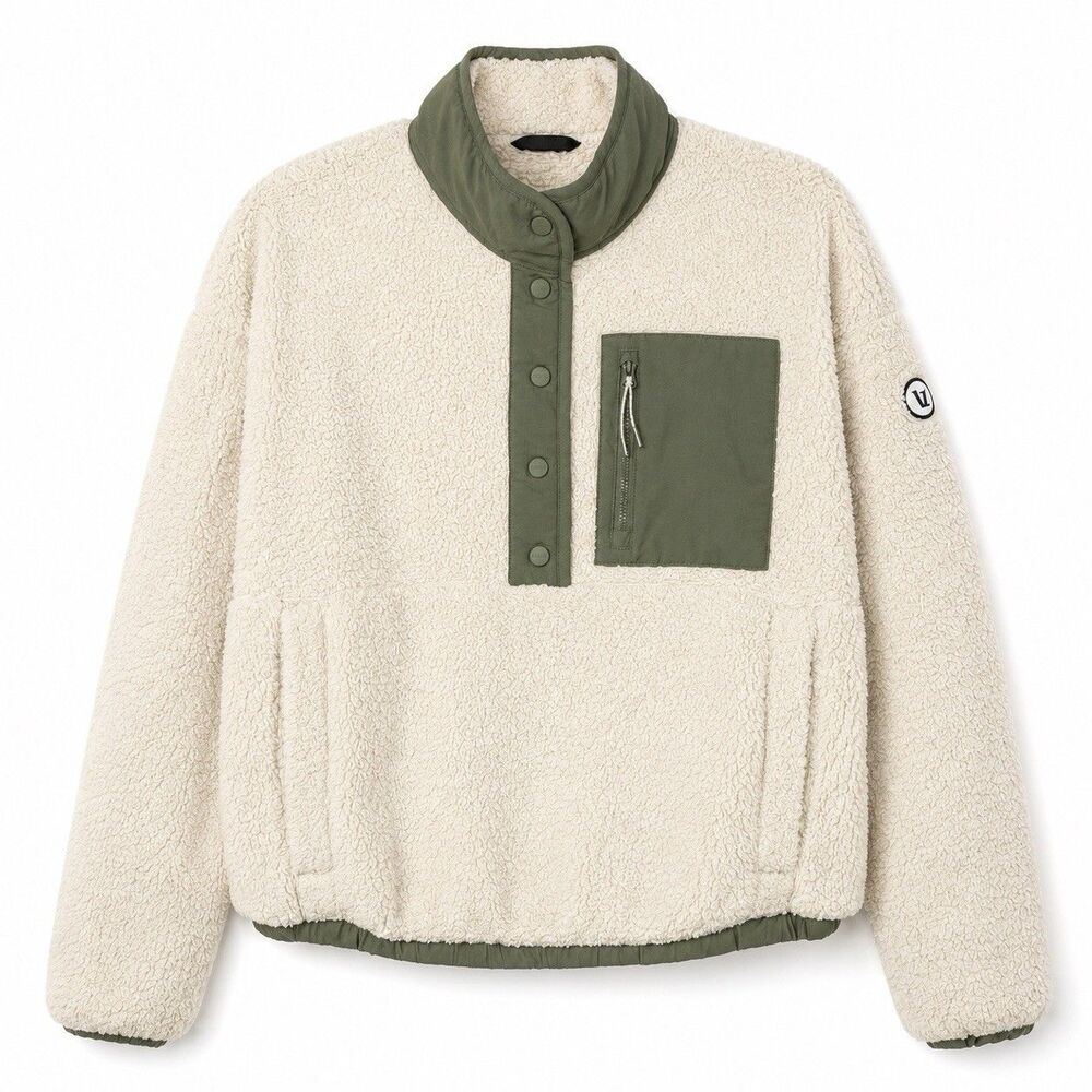 Vuori Cozy Sherpa Popover Womens Medium Cream Olive Fleece Snap Pullover Jacket